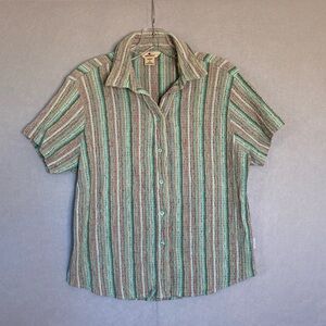 Women’s Woolrich Camp Shirt Top L Petite Button Up Short Sleeve Smock Seersucker